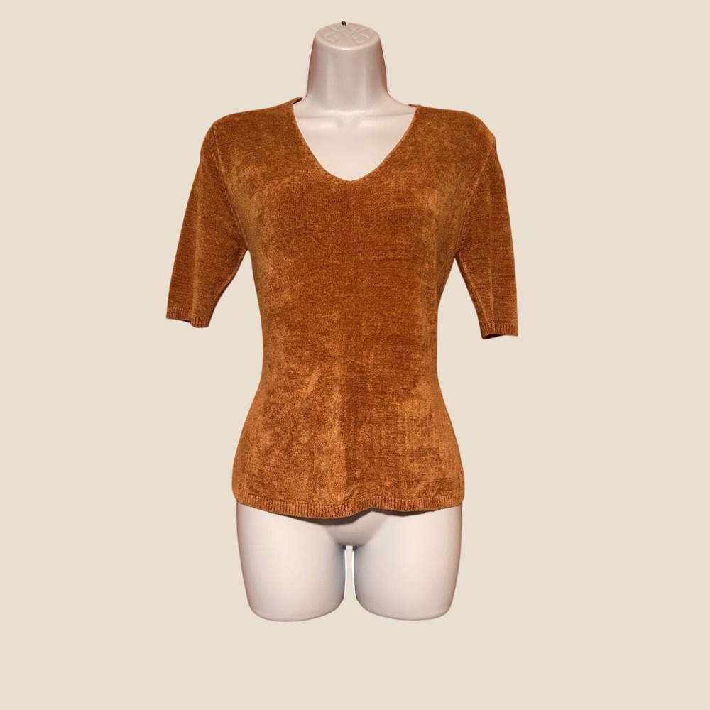 Vintage Dorfit Women's Rust Brown Chenille Knit V-Neck 1/2 Sleeve Sweater Top Lg